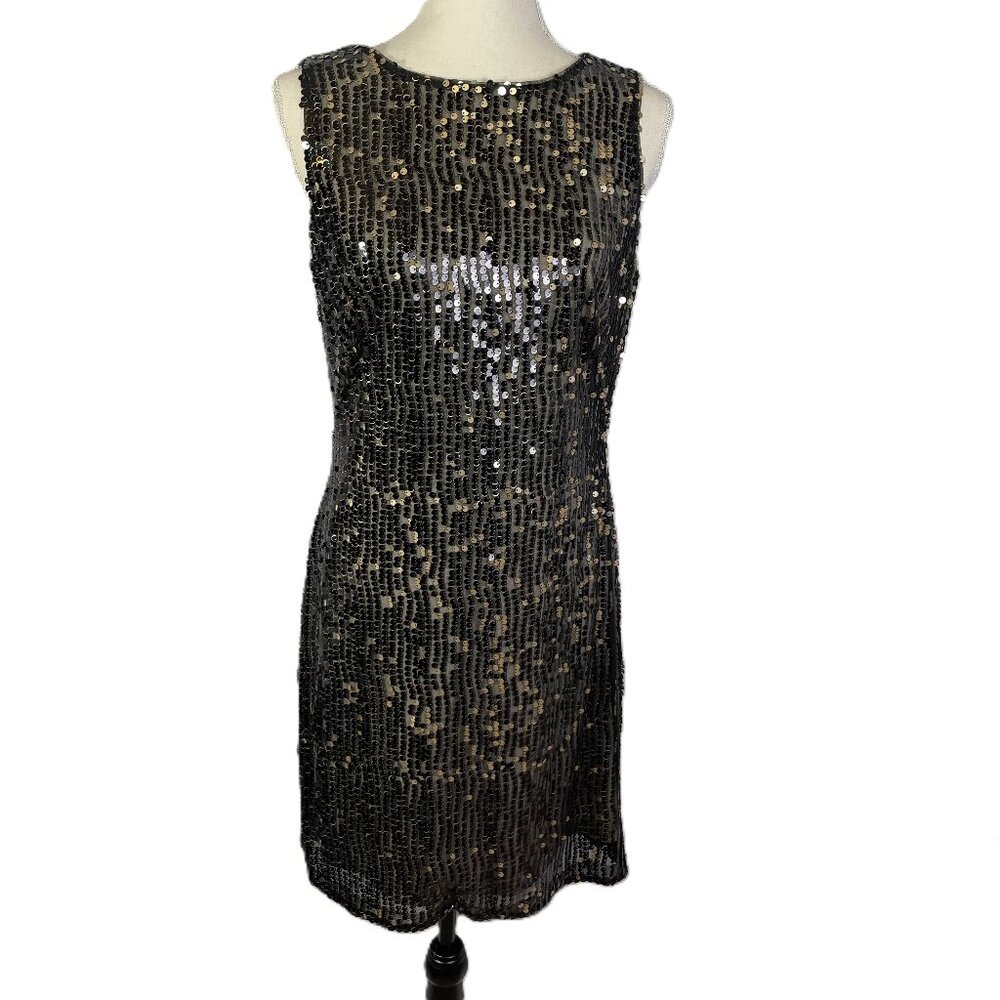 Lauren Ralph Sequins Evening Cocktail Dress Sleeveless Black Tan Gold Size 8
